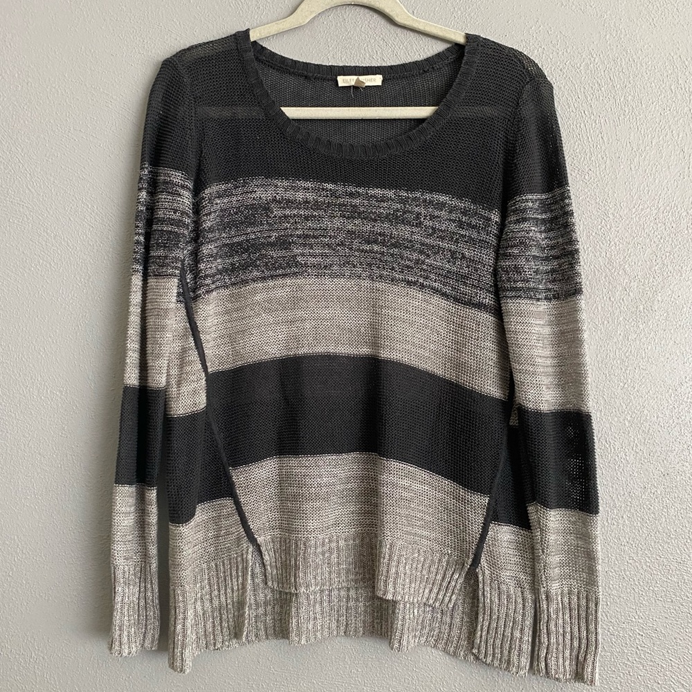Eileen Fisher Sweater Size Small Stripe Grey Organic Linen Cozy Knit Pullover